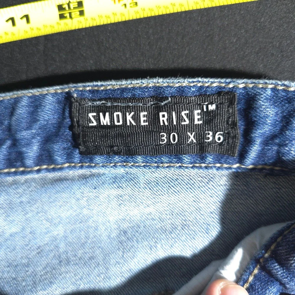 Smoke Rise Distressed Flare Jeans Men 30x36 Blue Streetwear Ripped Repaired Slim